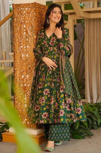 Dark green cotton silk floral printed free size suit