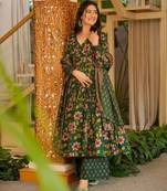 Dark green cotton silk floral printed free size suit