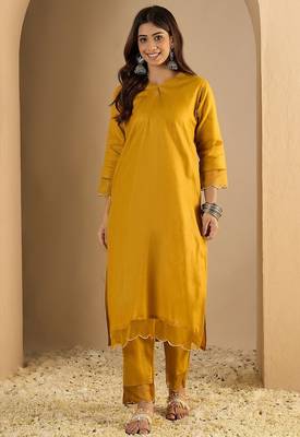 Mustard blended cotton solid free size suit 1