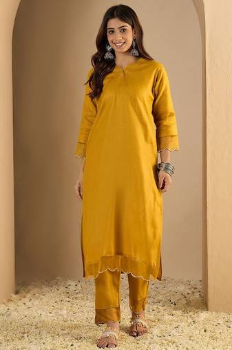 Mustard blended cotton solid free size suit
