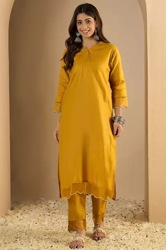 Mustard blended cotton solid free size suit
