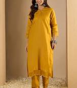 Mustard blended cotton solid free size suit