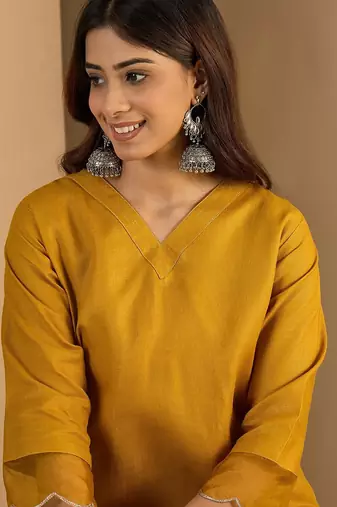 Mustard blended cotton solid free size suit