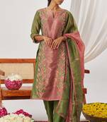 Green fancy fabric exquisite cut paste embroidery & sequin free size suit