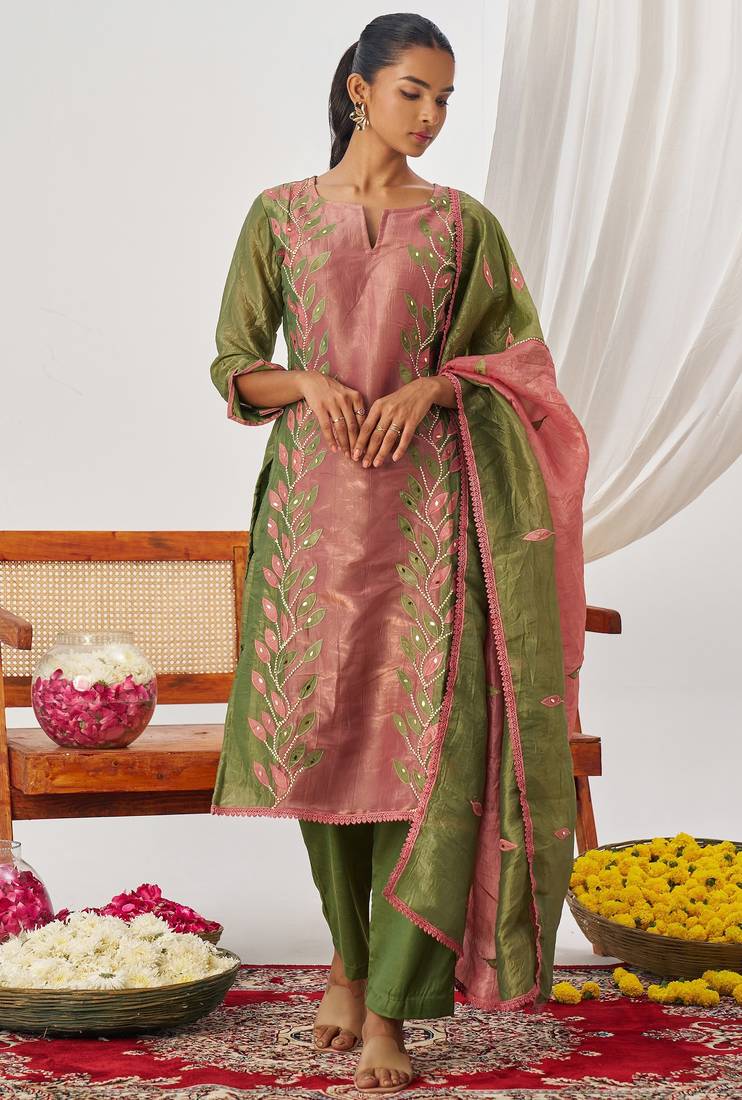 Green fancy fabric exquisite cut paste embroidery & sequin free size suit