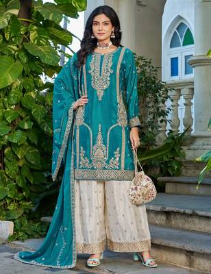 Blue fancy fabric embroidered free size suit 1