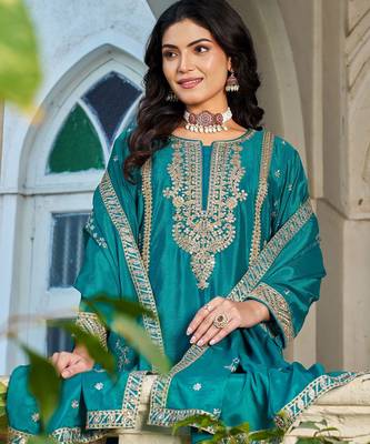 Blue fancy fabric embroidered free size suit 2