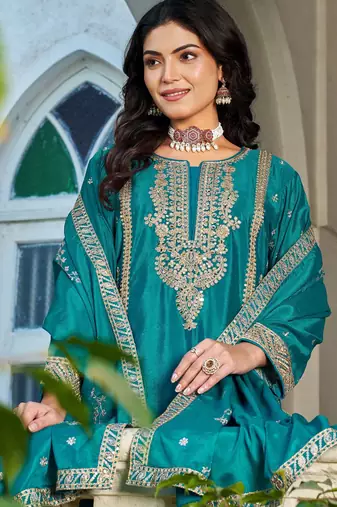 Blue fancy fabric embroidered free size suit