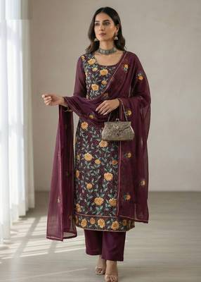 Wine georgette multi thread and sequins embroidery work free size suit 1