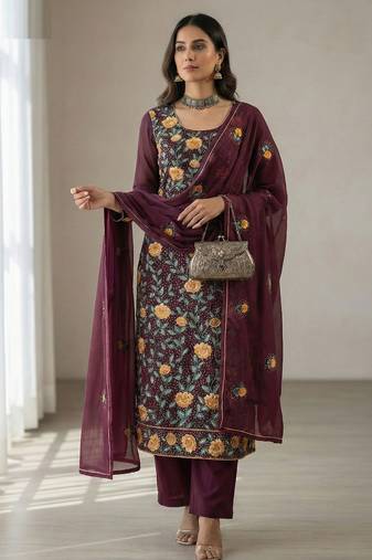 Wine georgette multi thread and sequins embroidery work free size suit