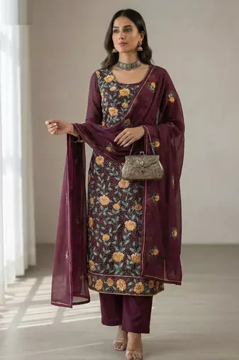 Wine georgette multi thread and sequins embroidery work free size suit