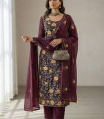 Wine georgette multi thread and sequins embroidery work free size suit