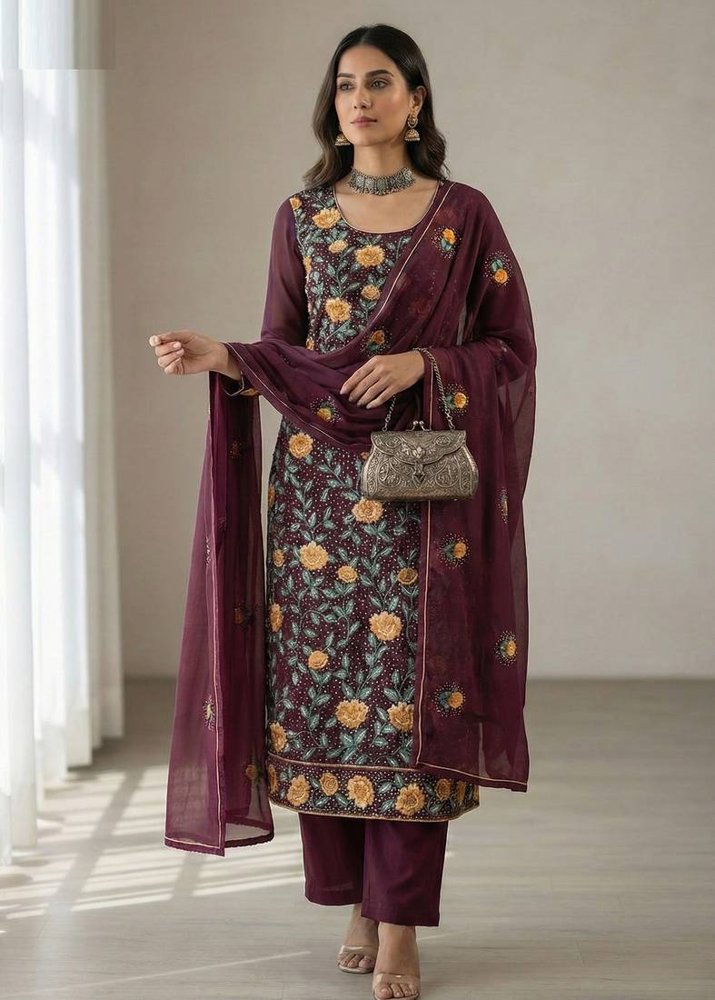 Wine georgette multi thread and sequins embroidery work free size suit