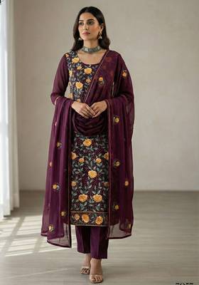 Wine georgette multi thread and sequins embroidery work free size suit 2