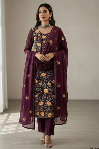 Wine georgette multi thread and sequins embroidery work free size suit
