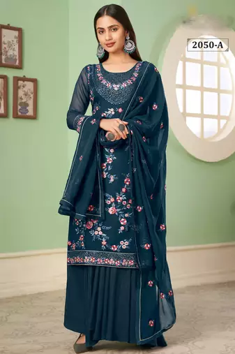 Teal blue georgette embroidered & sequins free size suit