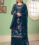 Teal blue georgette embroidered & sequins free size suit