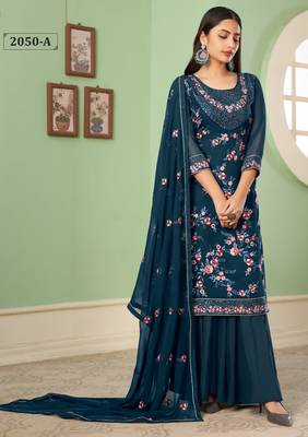 Teal blue georgette embroidered & sequins free size suit 2