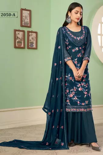 Teal blue georgette embroidered & sequins free size suit
