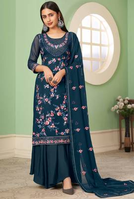 Teal blue georgette embroidered & sequins free size suit 3