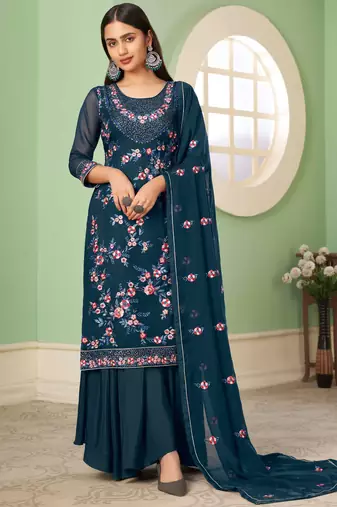 Teal blue georgette embroidered & sequins free size suit