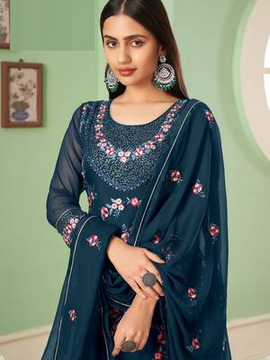 Teal blue georgette embroidered & sequins free size suit 4