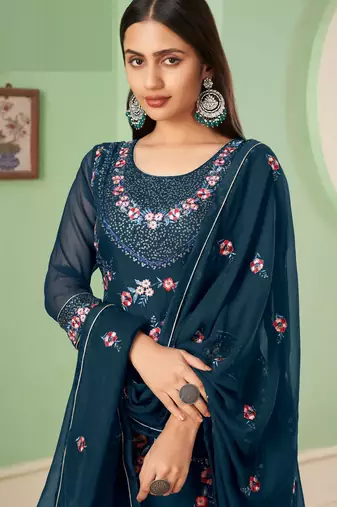 Teal blue georgette embroidered & sequins free size suit
