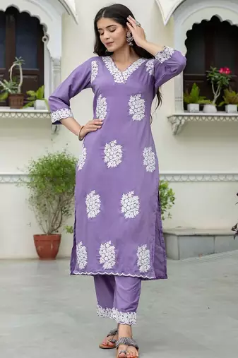 Lilac silk blend floral printed free size suit