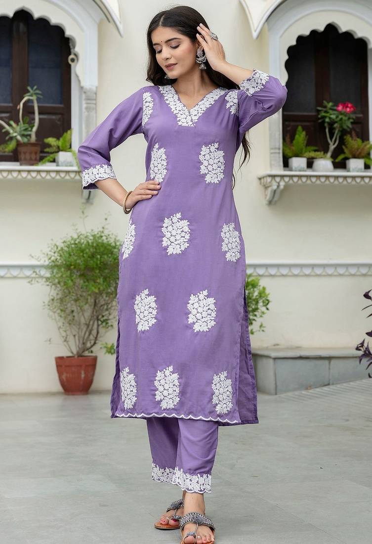 Lilac silk blend floral printed free size suit