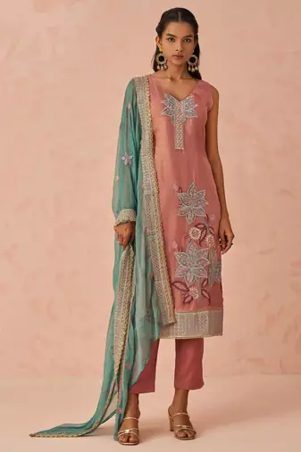Pink fancy fabric zari/thraed embroidery   sequins & stone free size suit