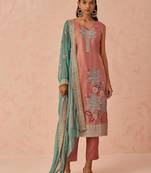 Pink fancy fabric zari/thraed embroidery   sequins & stone free size suit