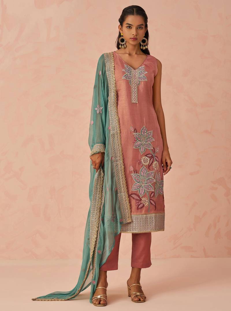 Pink fancy fabric zari/thraed embroidery   sequins & stone free size suit