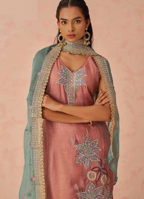 Pink fancy fabric zari/thraed embroidery   sequins & stone free size suit 2