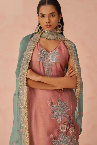 Pink fancy fabric zari/thraed embroidery   sequins & stone free size suit