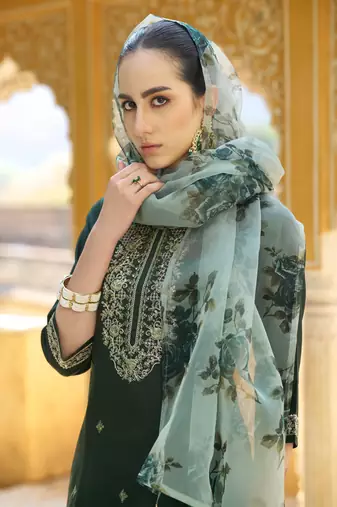 Dark green viscose rayon embroidered free size suit
