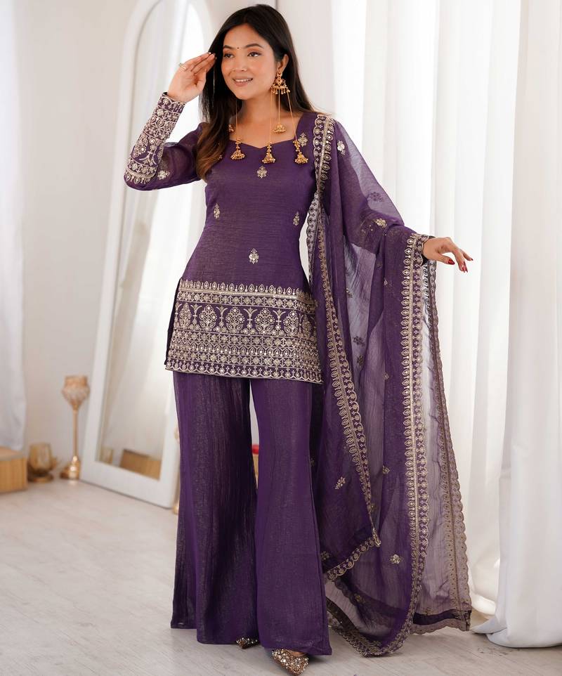 Purple silk blend embroidery sequence and jari work with back side fancy dori pattern free size suit