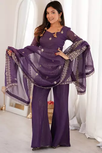 Purple silk blend embroidery sequence and jari work with back side fancy dori pattern free size suit