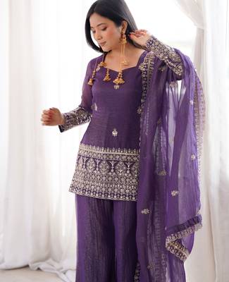 Purple silk blend embroidery sequence and jari work with back side fancy dori pattern free size suit 3