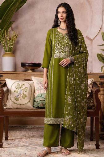 Green organza zari embroidered   sequins and beads free size suit