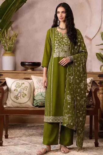 Green organza zari embroidered   sequins and beads free size suit