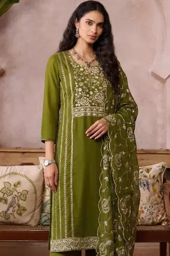 Green organza zari embroidered   sequins and beads free size suit
