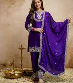 Purple silk blend embroidered free size suit