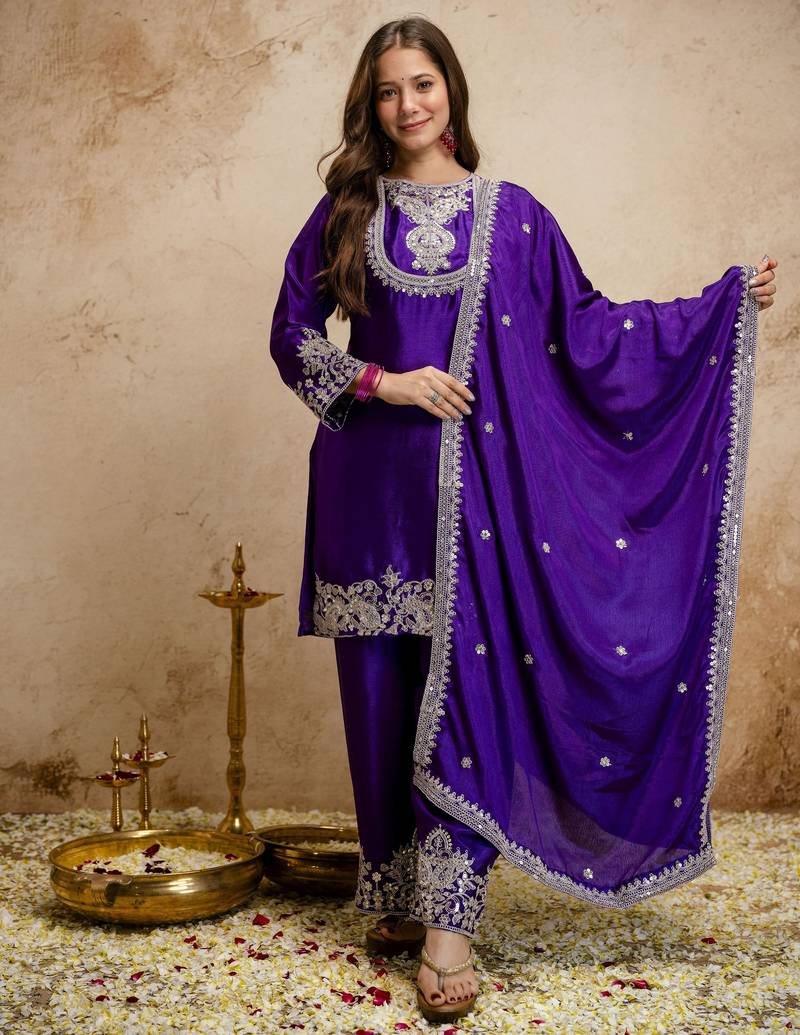 Purple silk blend embroidered free size suit