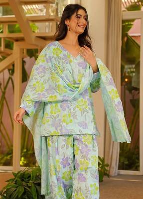 Blue blended cotton digital print free size suit 2