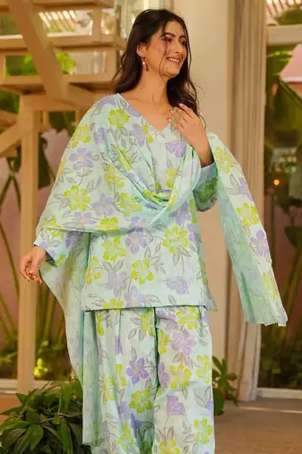 Blue blended cotton digital print free size suit