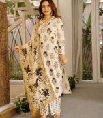 Off white blended cotton printed free size suit