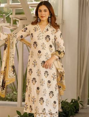 Off white blended cotton printed free size suit 2