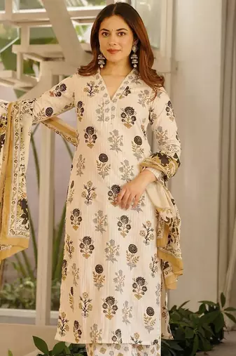 Off white blended cotton printed free size suit