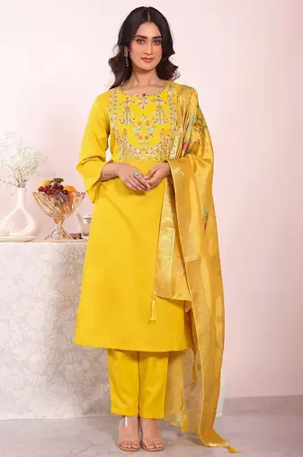 Yellow silk blend embroidered free size suit