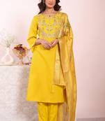 Yellow silk blend embroidered free size suit